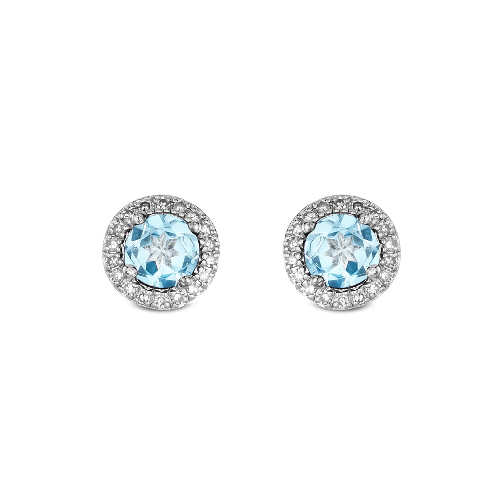Stellato 0.75ct Round Cut Blue Topaz and Lab Diamond Halo Stud Earrings in Sterling Silver