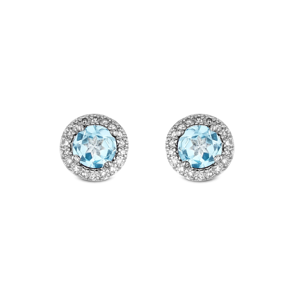 Stellato 0.75ct Round Cut Blue Topaz and Lab Diamond Halo Stud Earrings in Sterling Silver