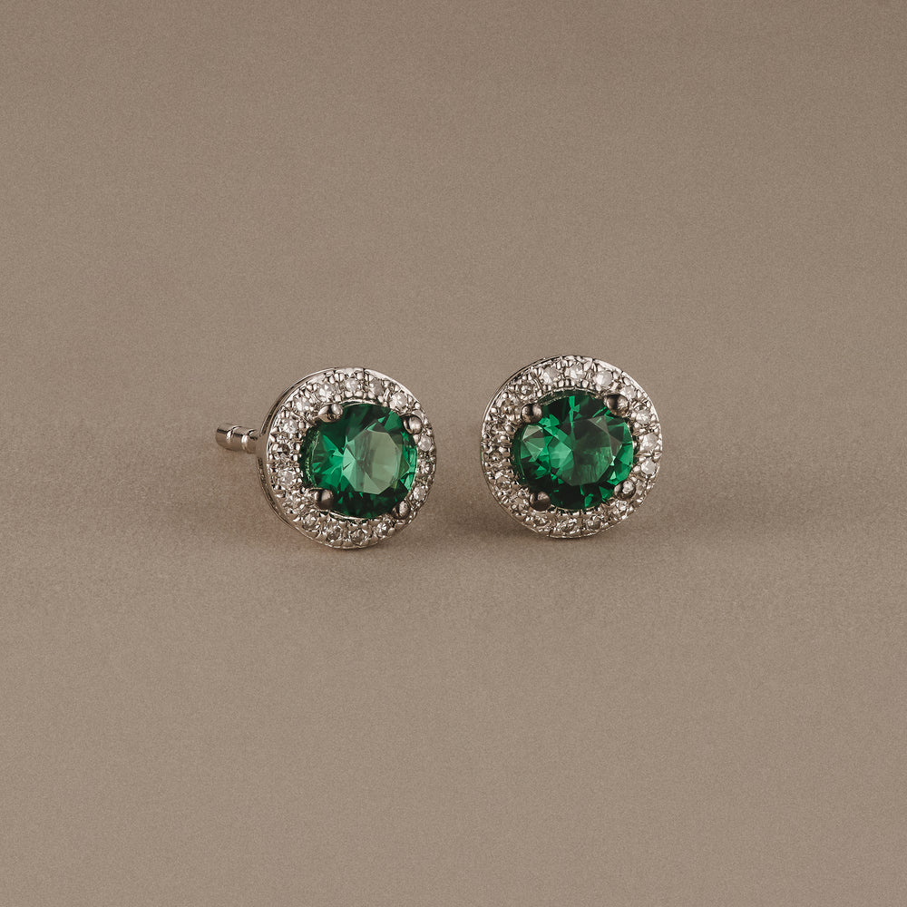 Stellato 0.67ct Round Cut Lab Emerald Halo Stud Earrings in Sterling Silver
