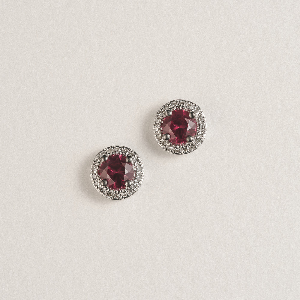 Stellato 0.85ct Round Cut Lab Ruby Halo Stud Earrings in Sterling Silver