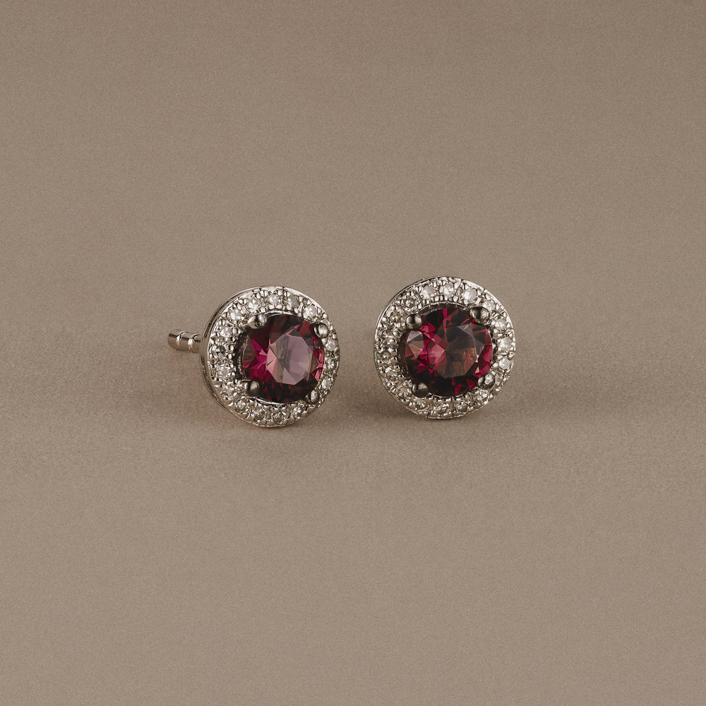 Stellato 0.85ct Round Cut Lab Ruby Halo Stud Earrings in Sterling Silver