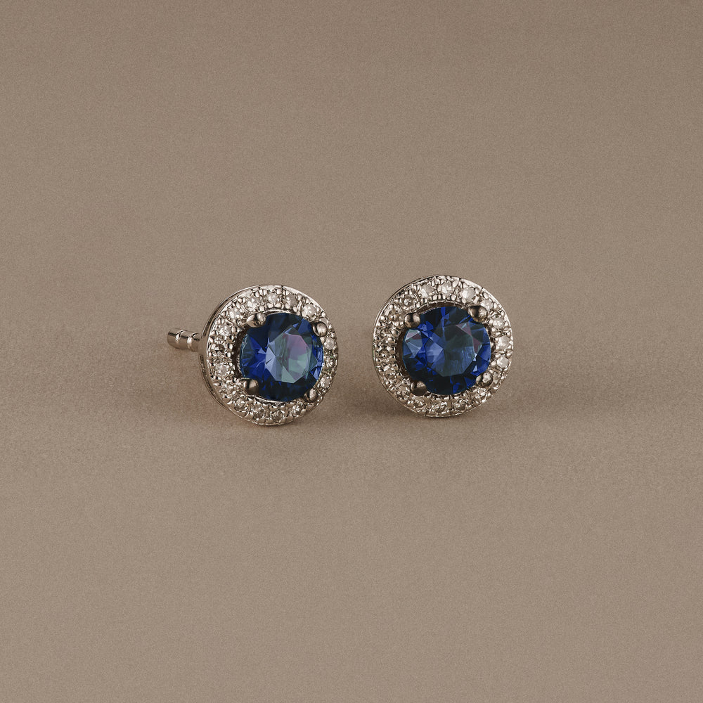 Stellato 0.90ct Round Cut Lab Sapphire Halo Stud Earrings in Sterling Silver