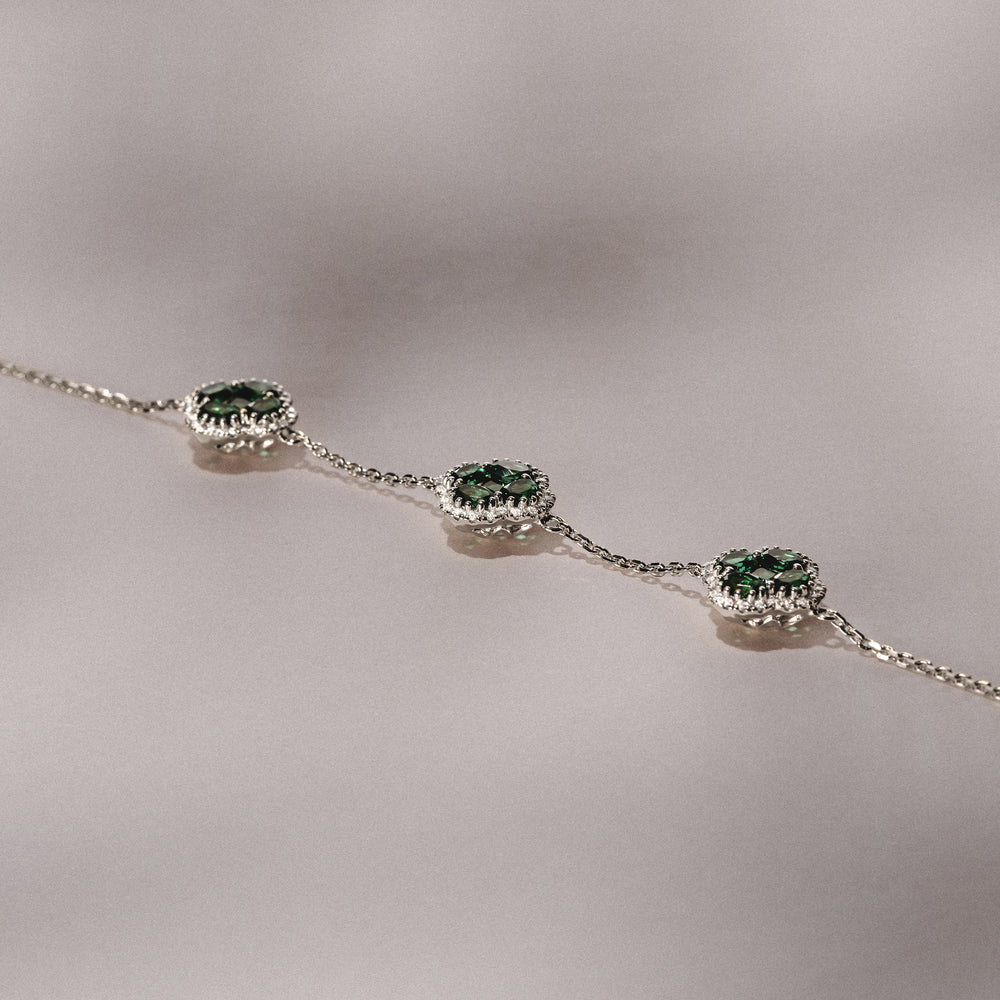 Alegria 2.25ct Lab Emerald 3 Clover Halo Bracelet in Sterling Silver