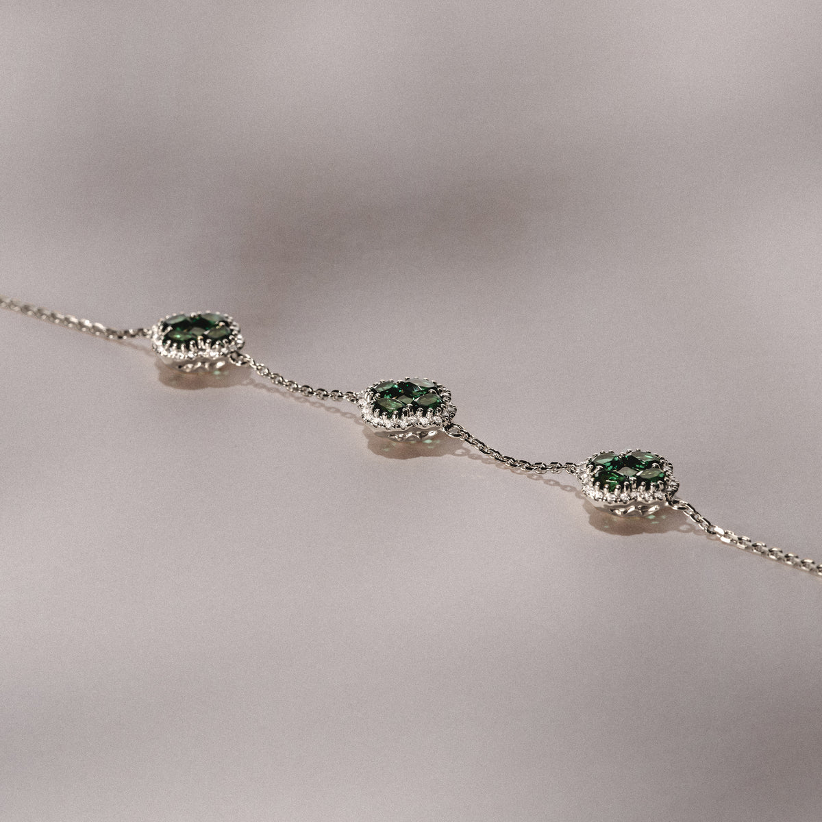 Alegria 2.25ct Lab Emerald 3 Clover Halo Bracelet in Sterling Silver