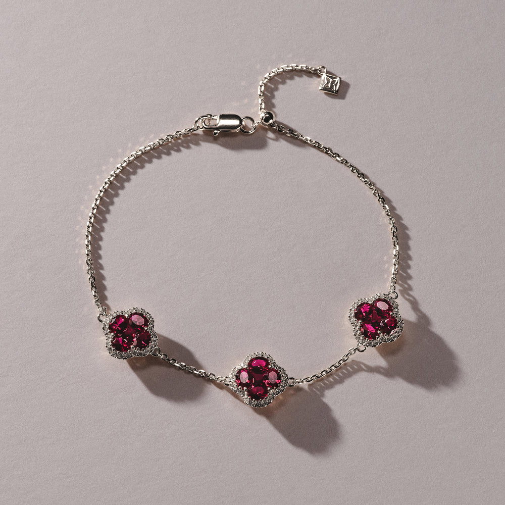 Alegria 2.70ct Lab Ruby 3 Clover Halo Bracelet in Sterling Silver