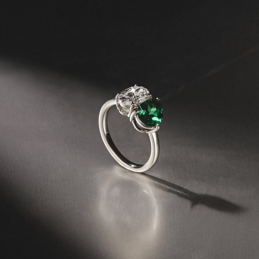 Toi Et Moi 1.50ct Oval Lab Diamond and 2.00ct Pear Lab Emerald Engagement Ring in Platinum