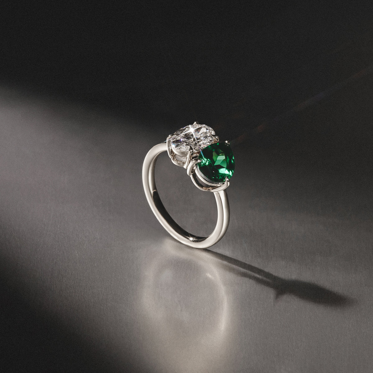 Toi Et Moi 1.50ct Oval Lab Diamond and 2.00ct Pear Lab Emerald Engagement Ring in Platinum