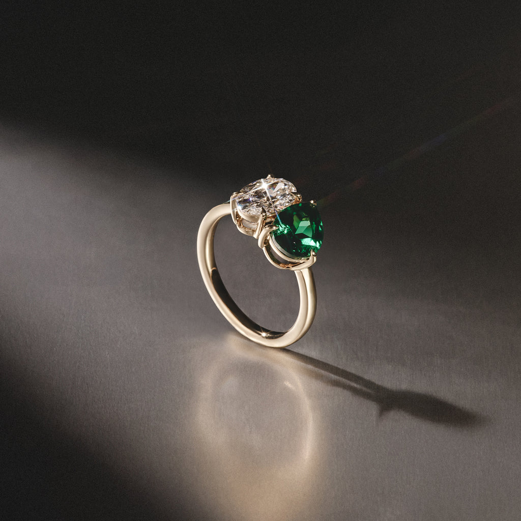 Toi Et Moi 1.50ct Oval Lab Diamond and 2.00ct Pear Lab Emerald Engagement Ring in 18K Yellow Gold