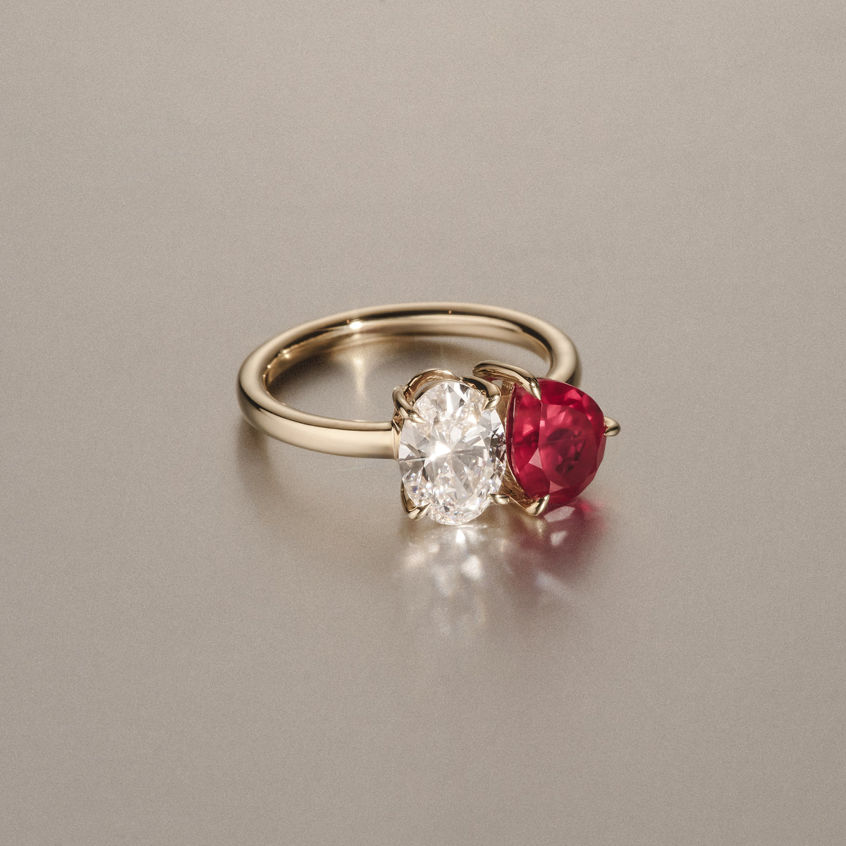 Toi Et Moi 1.50ct Oval Lab Diamond and 2.00ct Pear Lab Ruby Engagement Ring in 18K Yellow Gold