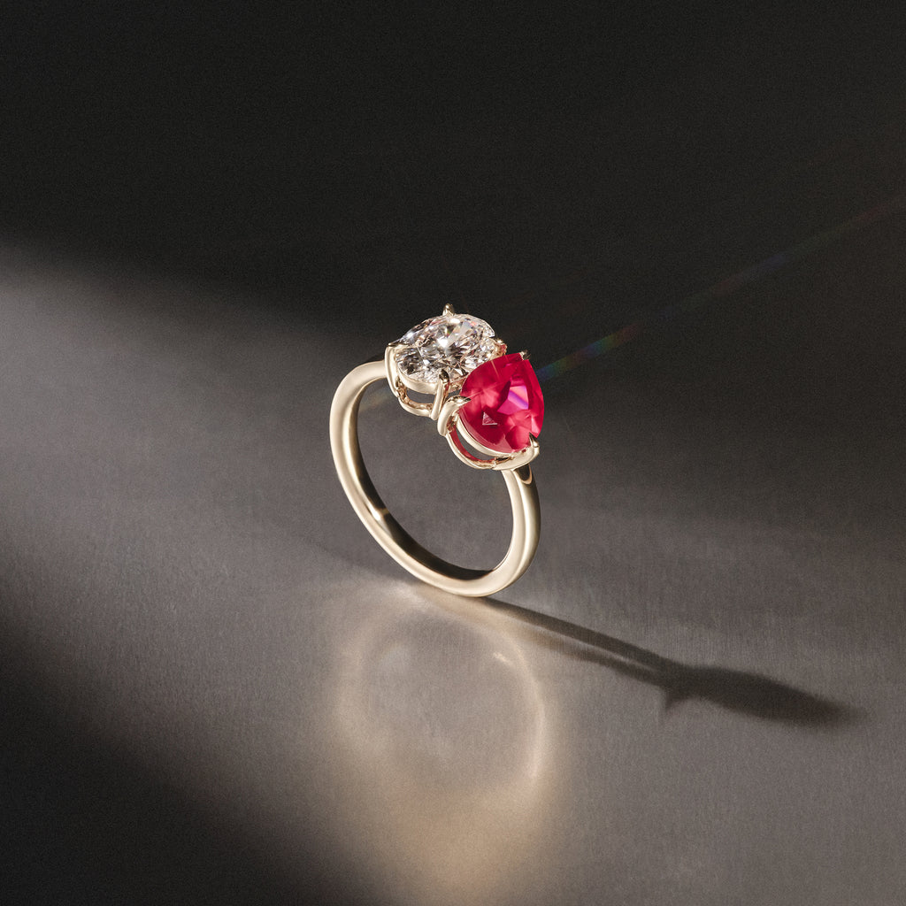 Toi Et Moi 1.50ct Oval Lab Diamond and 2.00ct Pear Lab Ruby Engagement Ring in 18K Yellow Gold