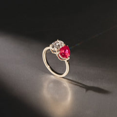 Toi Et Moi 1.50ct Oval Lab Diamond and 2.00ct Pear Lab Ruby Engagement Ring in 18K Yellow Gold
