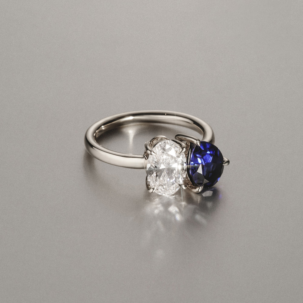Toi Et Moi 1.50ct Oval Lab Diamond and 2.00ct Pear Lab Sapphire Engagement Ring in Platinum