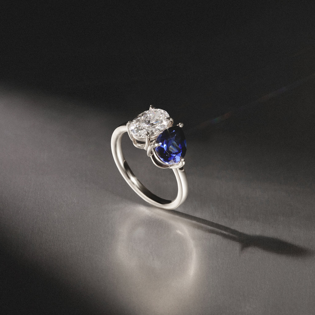 Toi Et Moi 1.50ct Oval Lab Diamond and 2.00ct Pear Lab Sapphire Engagement Ring in Platinum