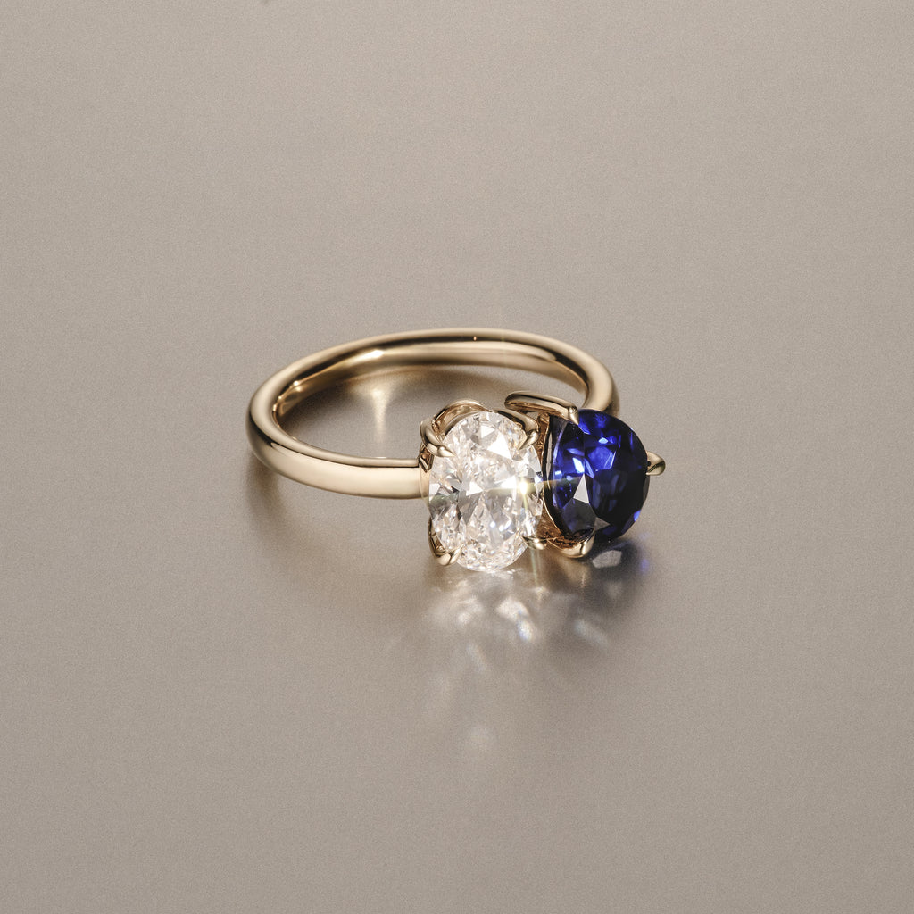 Toi Et Moi 1.50ct Oval Lab Diamond and 2.00ct Pear Lab Sapphire Engagement Ring in 18K Yellow Gold