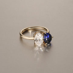 Toi Et Moi 1.50ct Oval Lab Diamond and 2.00ct Pear Lab Sapphire Engagement Ring in 18K Yellow Gold