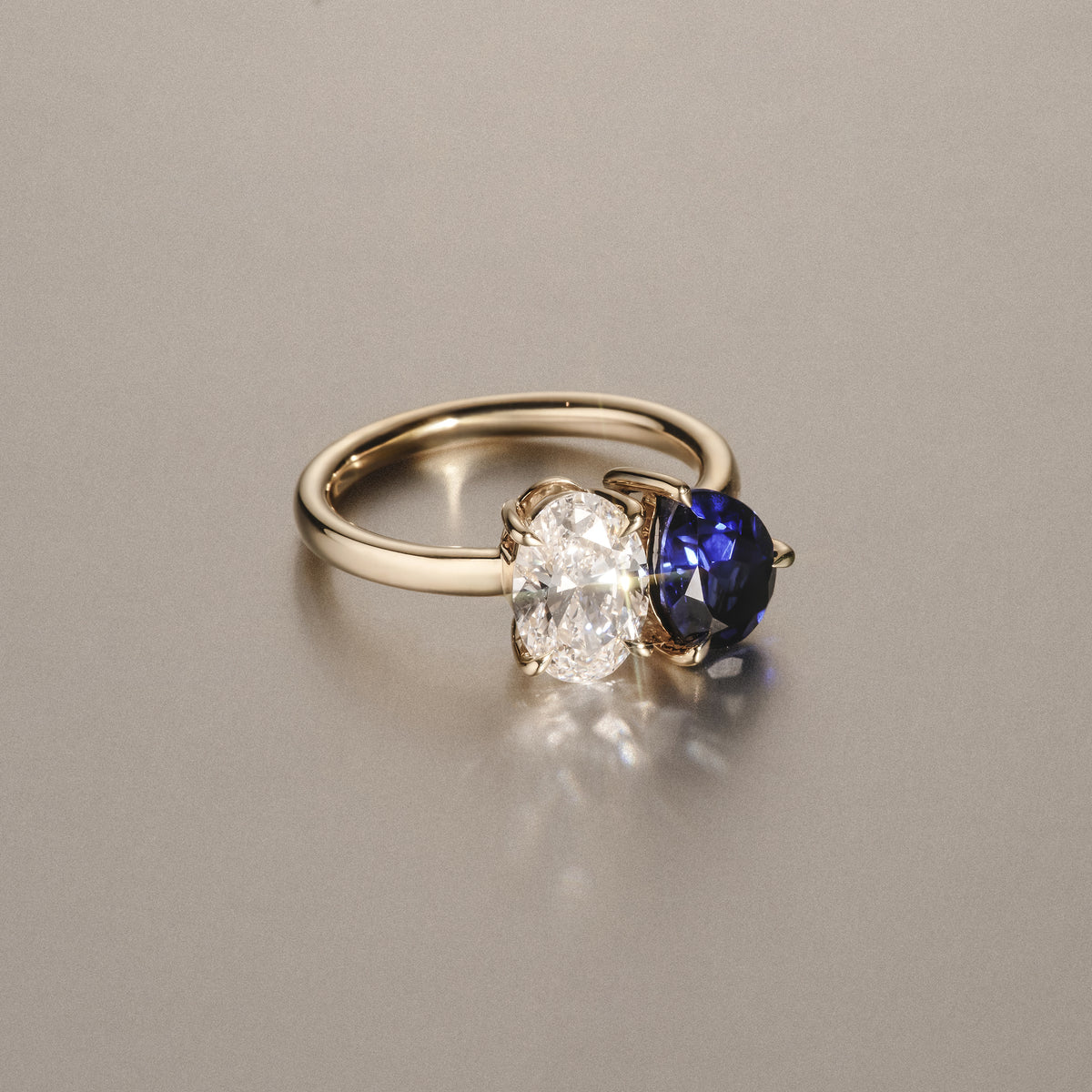 Toi Et Moi 1.50ct Oval Lab Diamond and 2.00ct Pear Lab Sapphire Engagement Ring in 18K Yellow Gold