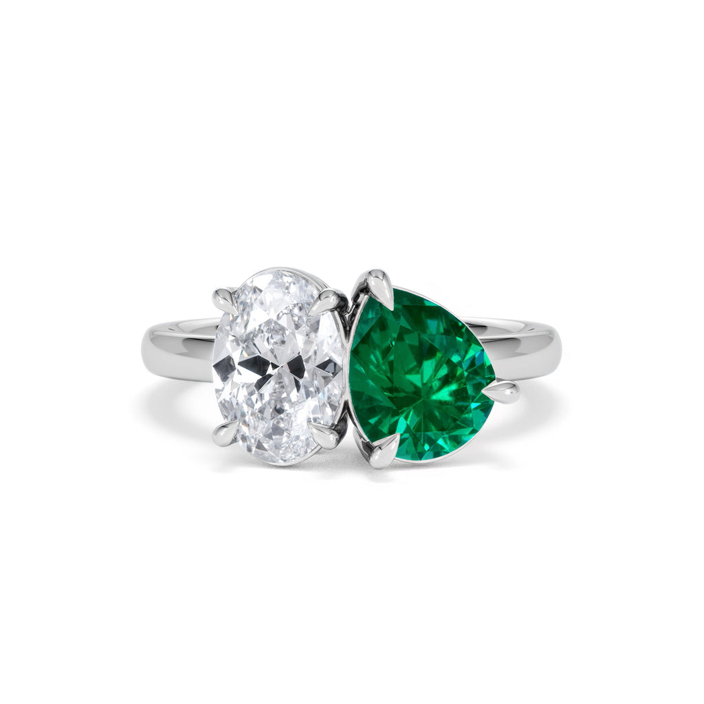 Toi Et Moi 1.50ct Oval Lab Diamond and 2.00ct Pear Lab Emerald Engagement Ring in Platinum