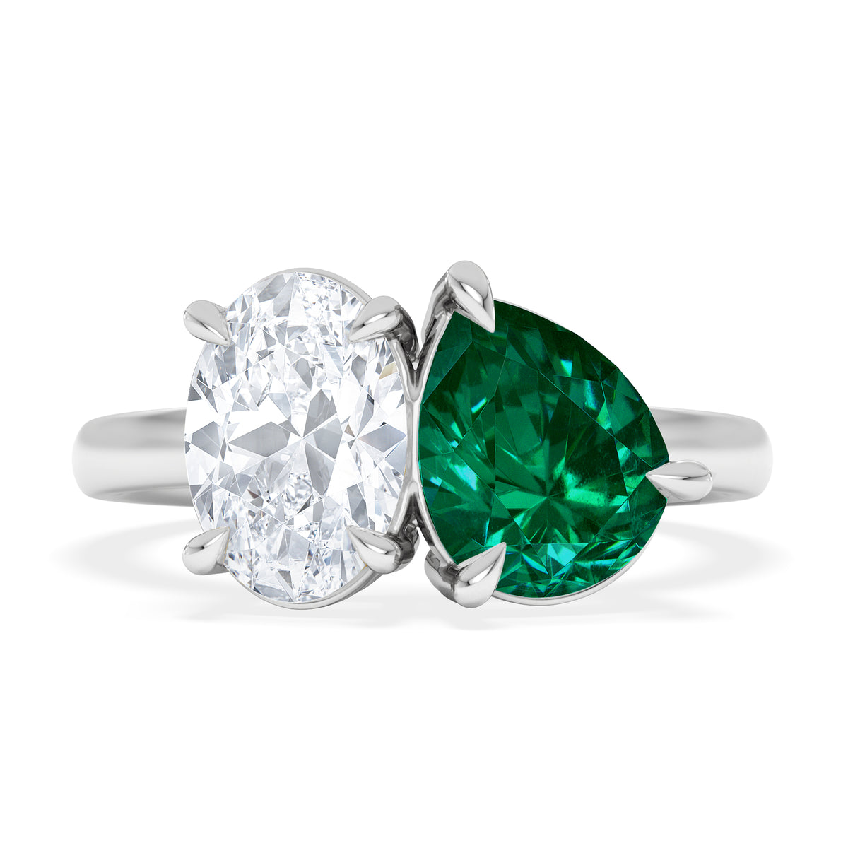 Toi Et Moi 1.50ct Oval Lab Diamond and 2.00ct Pear Lab Emerald Engagement Ring in Platinum