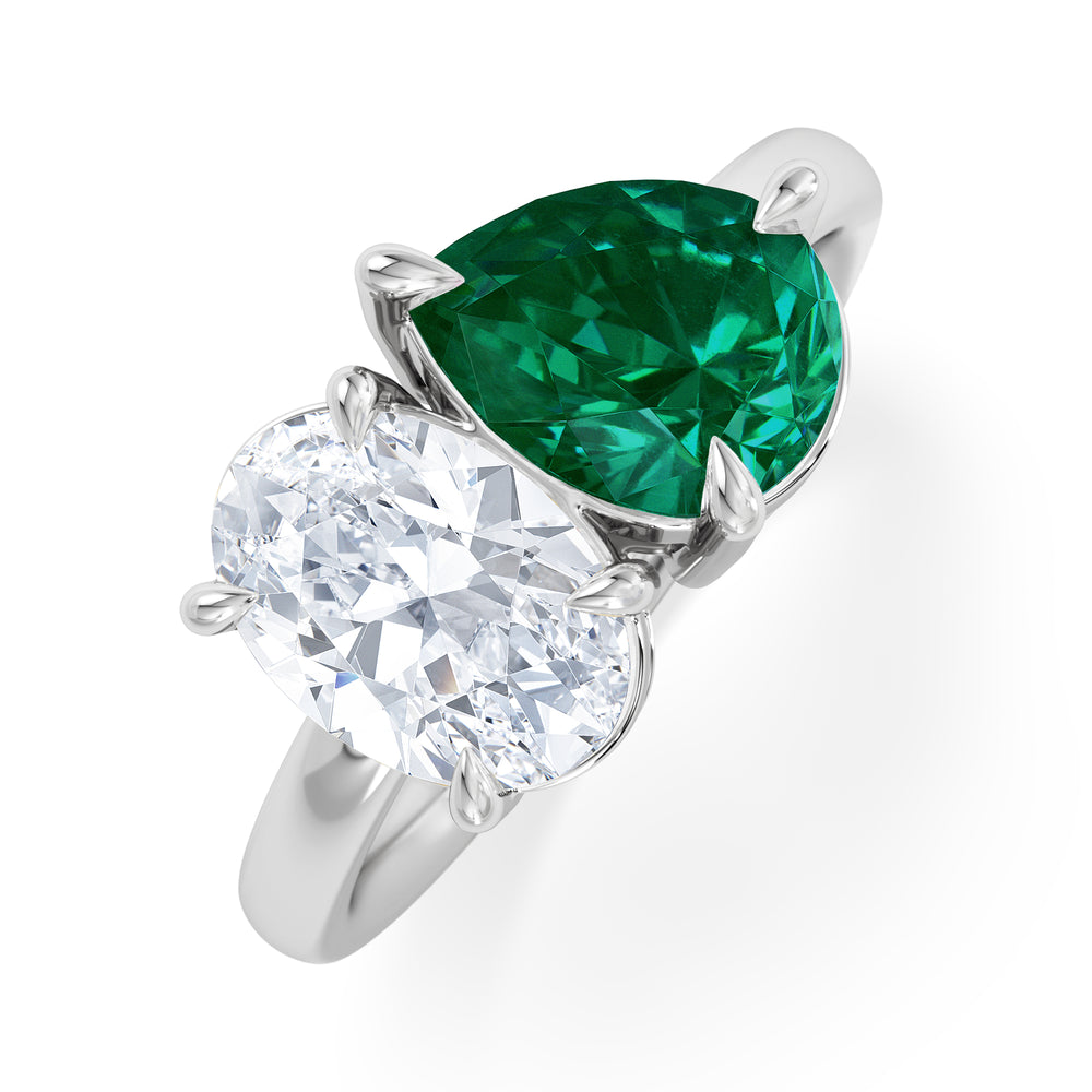 Toi Et Moi 1.50ct Oval Lab Diamond and 2.00ct Pear Lab Emerald Engagement Ring in Platinum