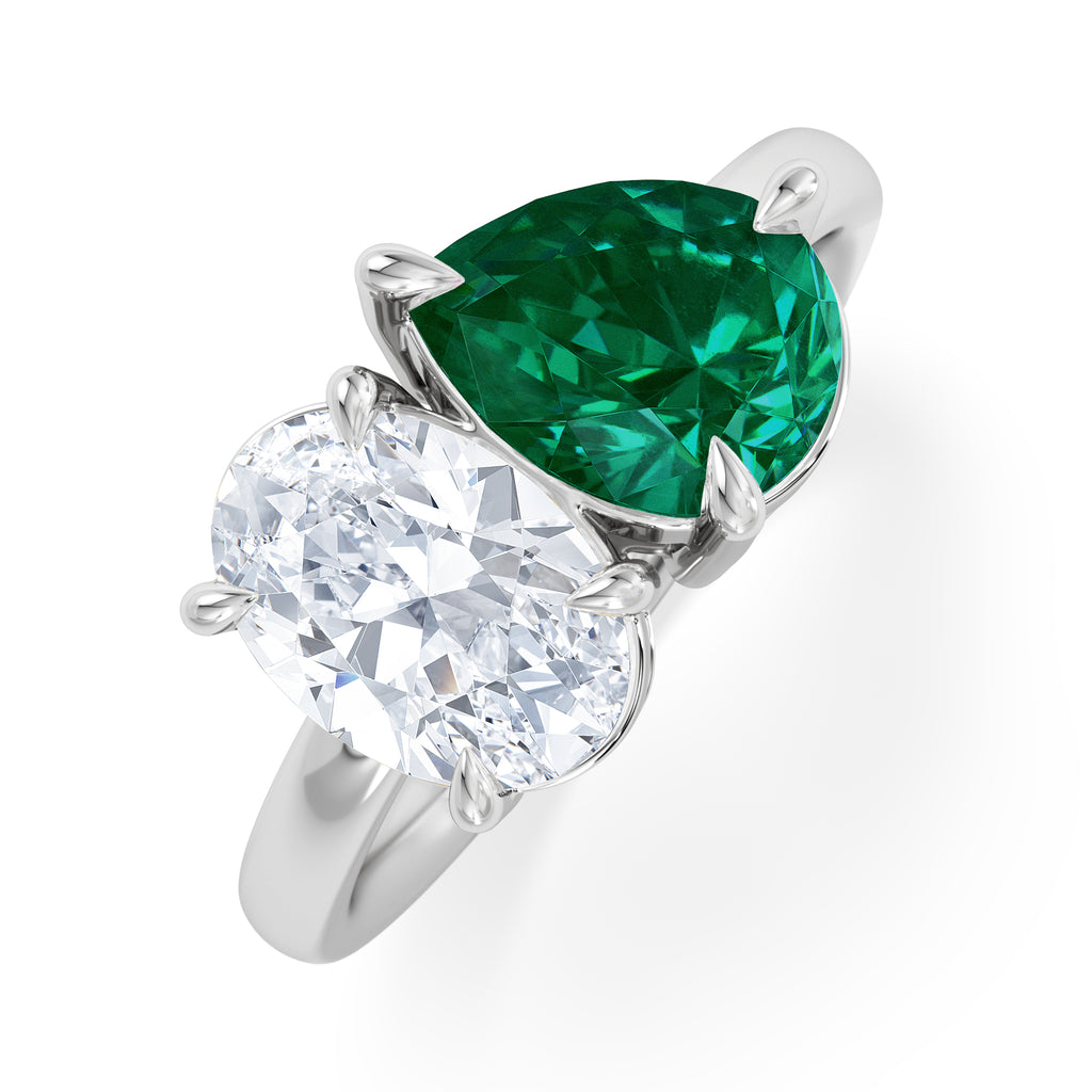 Toi Et Moi 1.50ct Oval Lab Diamond and 2.00ct Pear Lab Emerald Engagement Ring in Platinum