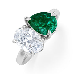 Toi Et Moi 1.50ct Oval Lab Diamond and 2.00ct Pear Lab Emerald Engagement Ring in Platinum