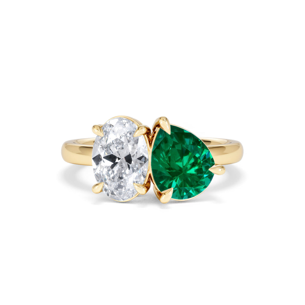 Toi Et Moi 1.50ct Oval Lab Diamond and 2.00ct Pear Lab Emerald Engagement Ring in 18K Yellow Gold