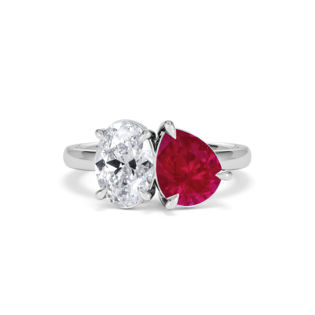Toi Et Moi 1.50ct Oval Lab Diamond and 2.00ct Pear Lab Ruby Engagement Ring in Platinum