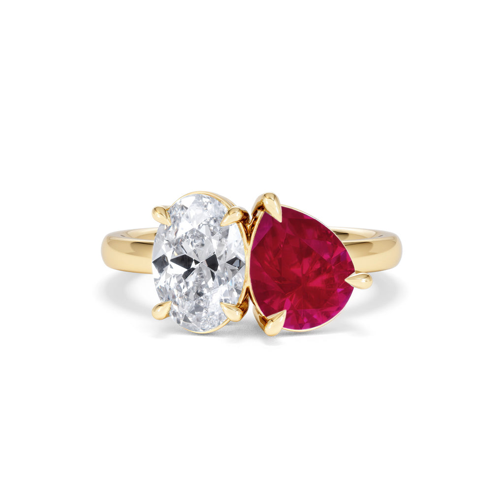 Toi Et Moi 1.50ct Oval Lab Diamond and 2.00ct Pear Lab Ruby Engagement Ring in 18K Yellow Gold