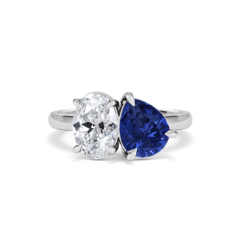 Toi Et Moi 1.50ct Oval Lab Diamond and 2.00ct Pear Lab Sapphire Engagement Ring in Platinum