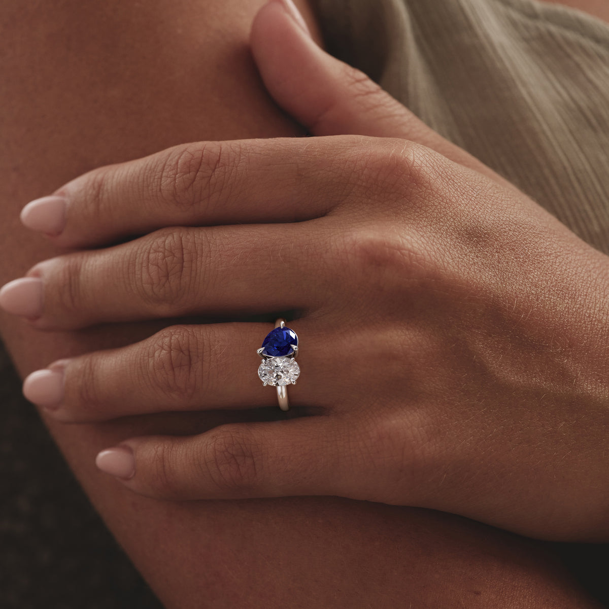 Toi Et Moi 1.50ct Oval Lab Diamond and 2.00ct Pear Lab Sapphire Engagement Ring in Platinum