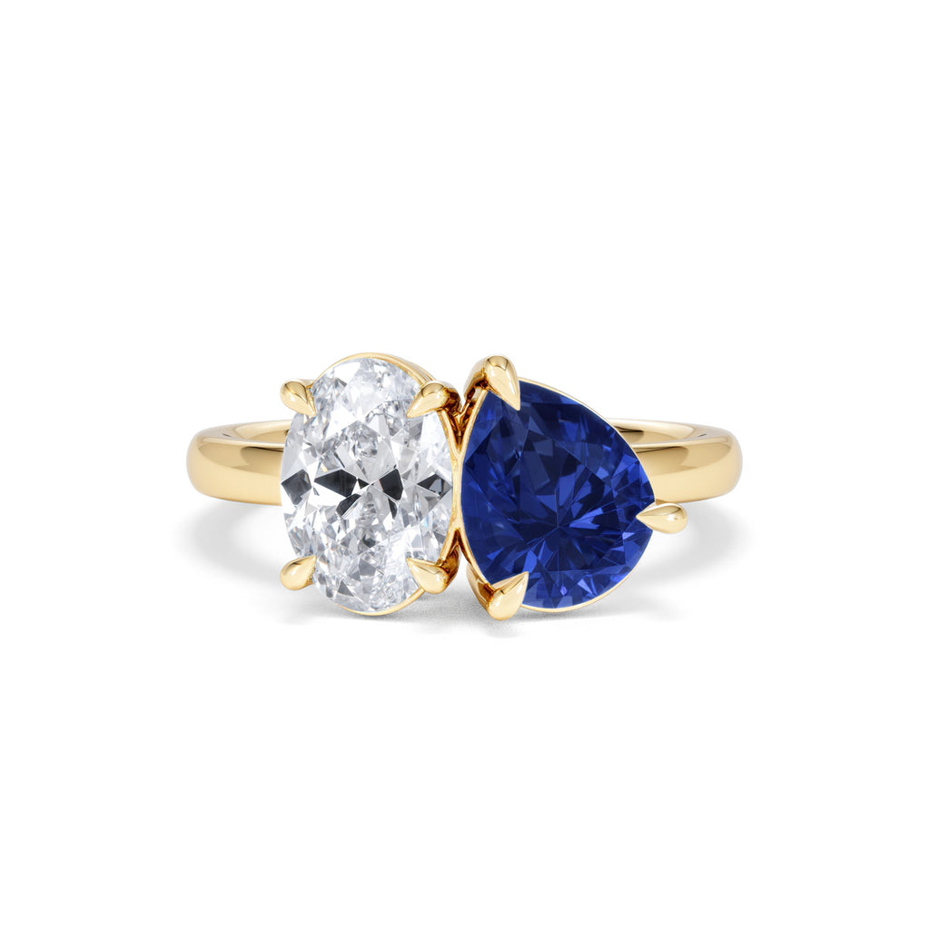Toi Et Moi 1.50ct Oval Lab Diamond and 2.00ct Pear Lab Sapphire Engagement Ring in 18K Yellow Gold