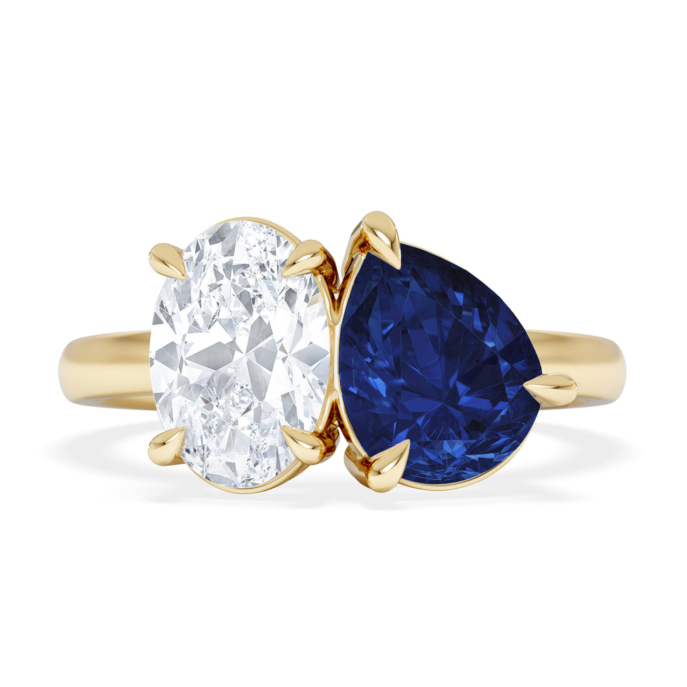 Toi Et Moi 1.50ct Oval Lab Diamond and 2.00ct Pear Lab Sapphire Engagement Ring in 18K Yellow Gold