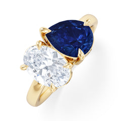 Toi Et Moi 1.50ct Oval Lab Diamond and 2.00ct Pear Lab Sapphire Engagement Ring in 18K Yellow Gold