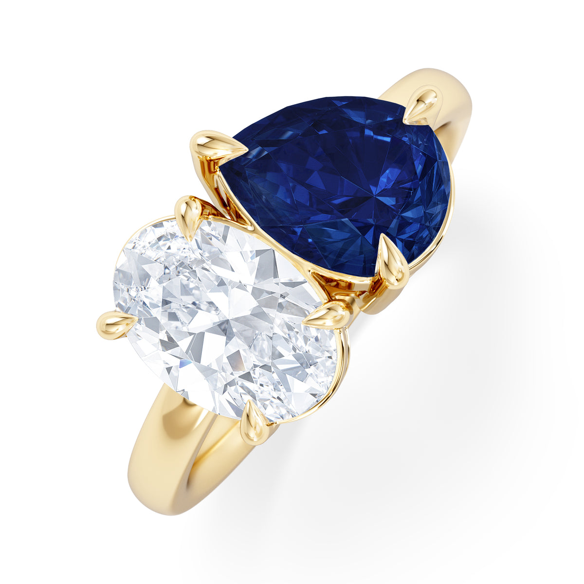 Toi Et Moi 1.50ct Oval Lab Diamond and 2.00ct Pear Lab Sapphire Engagement Ring in 18K Yellow Gold