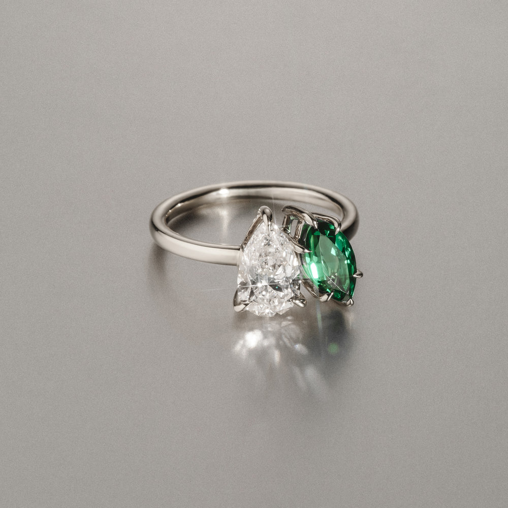Toi Et Moi 1.50ct Pear Lab Diamond and 1.50ct Marquise Lab Emerald Engagement Ring in Platinum