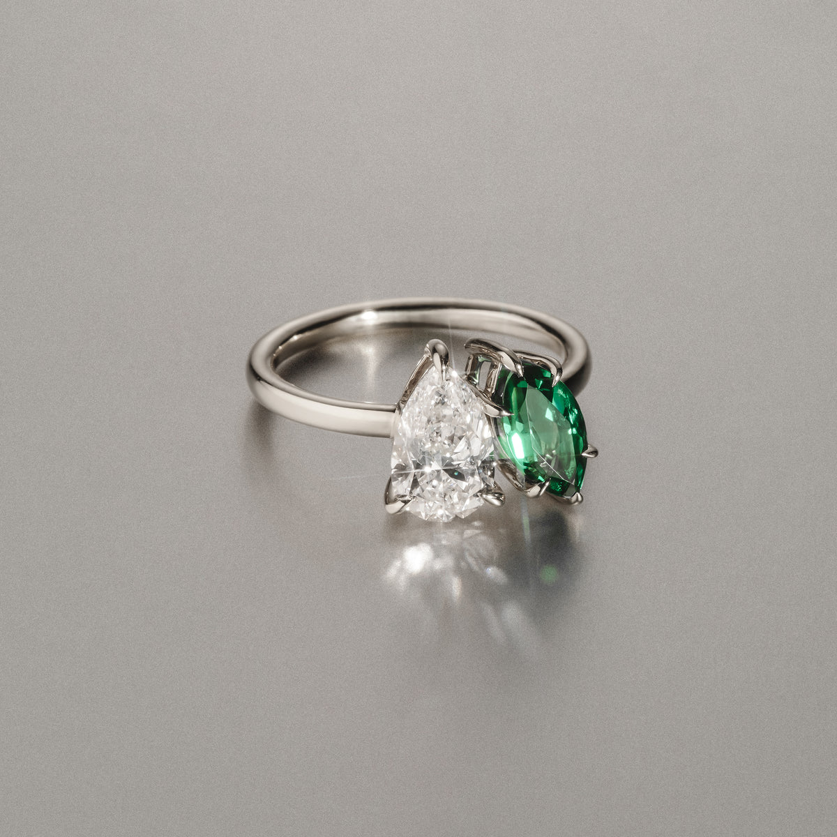 Toi Et Moi 1.50ct Pear Lab Diamond and 1.50ct Marquise Lab Emerald Engagement Ring in Platinum