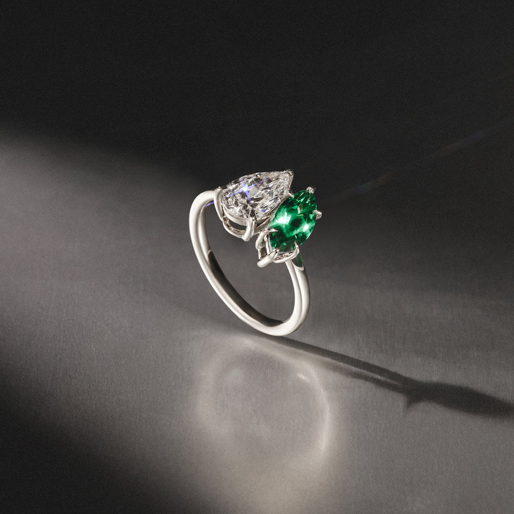 Toi Et Moi 1.50ct Pear Lab Diamond and 1.50ct Marquise Lab Emerald Engagement Ring in Platinum