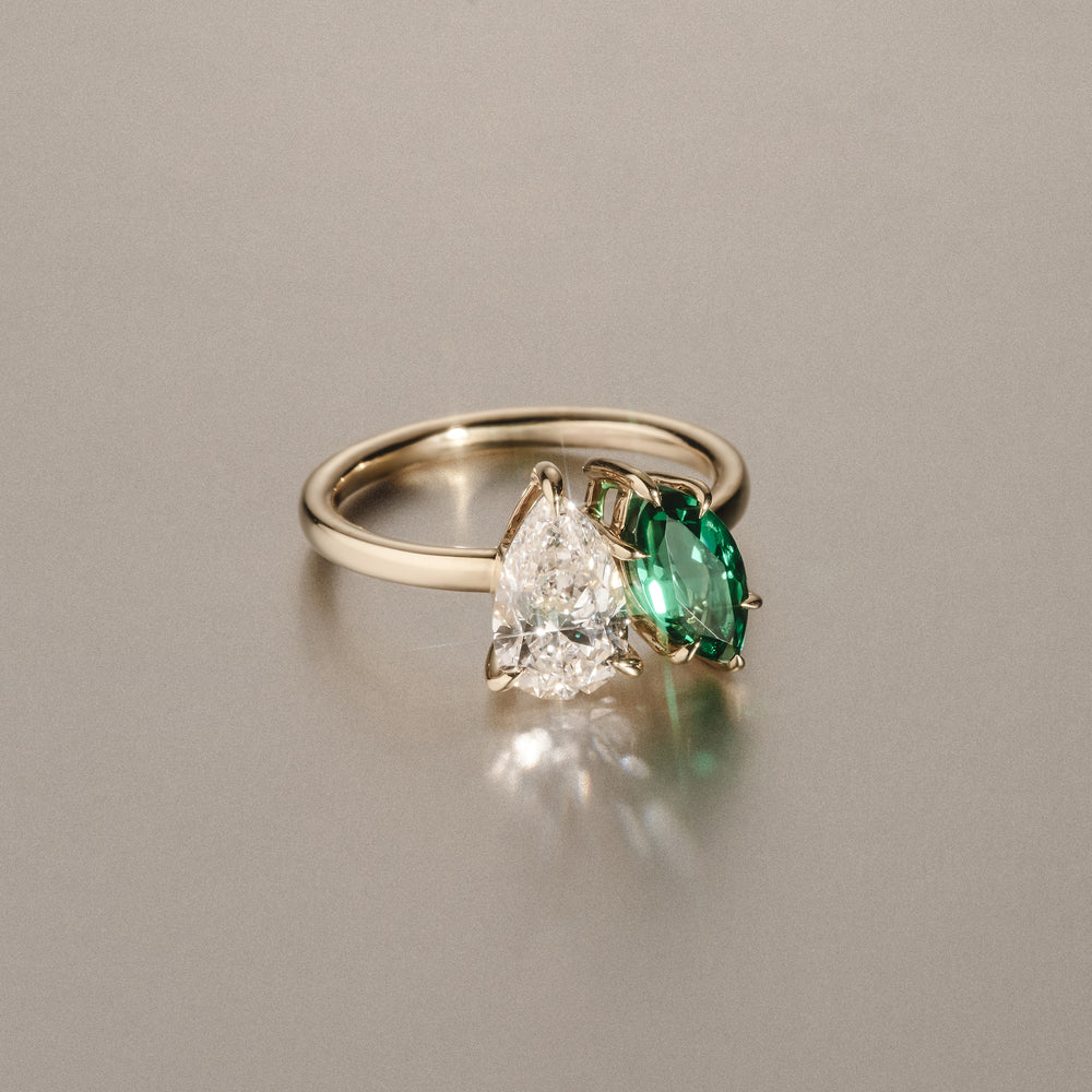 Toi Et Moi 1.50ct Pear Lab Diamond and 1.50ct Marquise Lab Emerald Engagement Ring in 18K Yellow Gold
