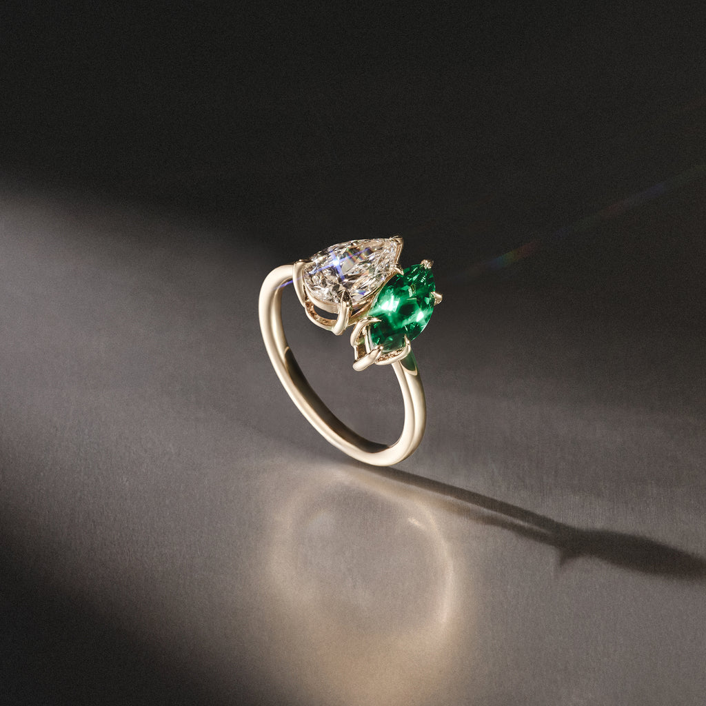Toi Et Moi 1.50ct Pear Lab Diamond and 1.50ct Marquise Lab Emerald Engagement Ring in 18K Yellow Gold