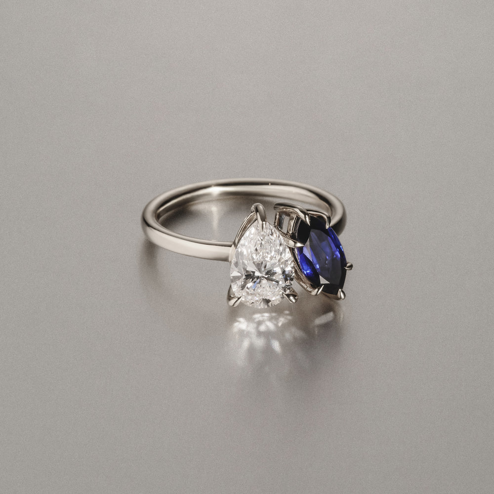 Toi Et Moi 1.50ct Pear Lab Diamond and 1.50ct Marquise Lab Sapphire Engagement Ring in Platinum