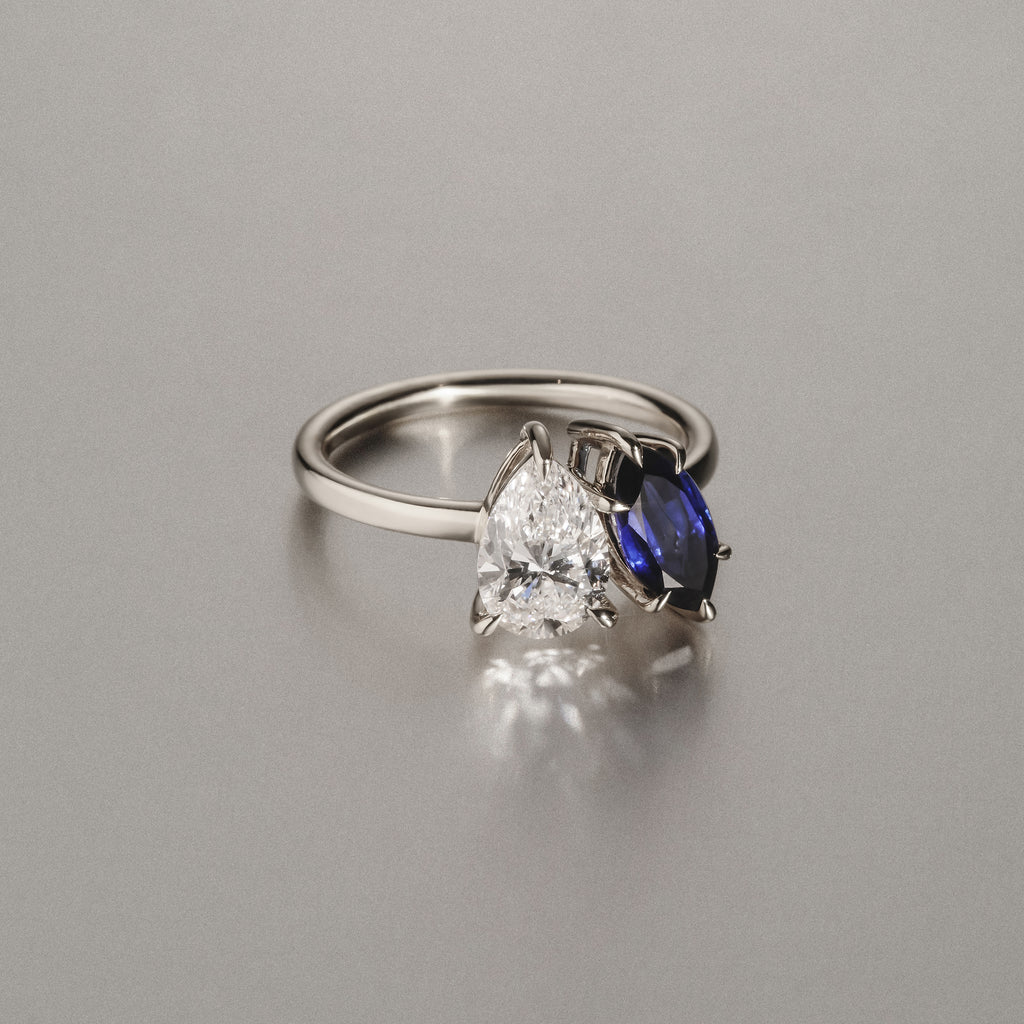 Toi Et Moi 1.50ct Pear Lab Diamond and 1.50ct Marquise Lab Sapphire Engagement Ring in Platinum