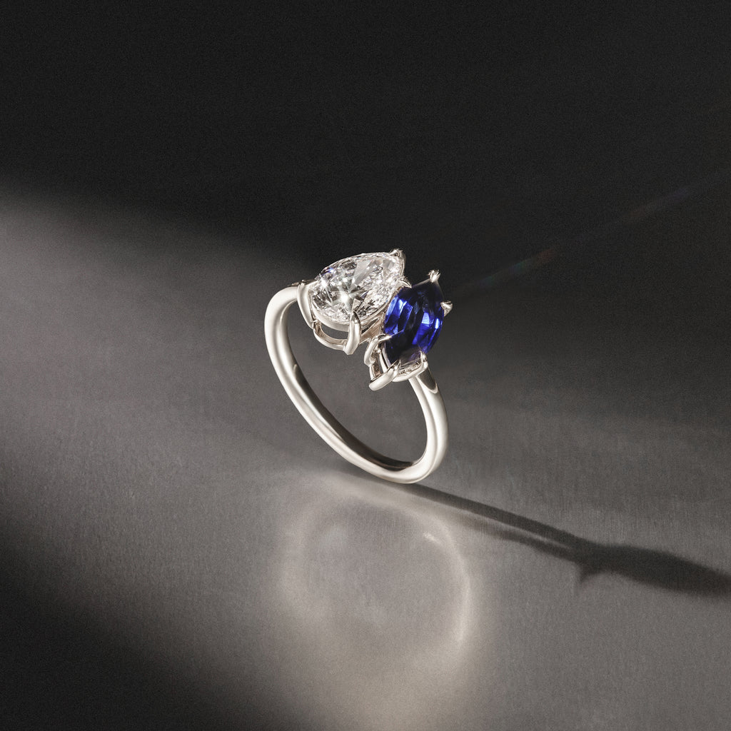Toi Et Moi 1.50ct Pear Lab Diamond and 1.50ct Marquise Lab Sapphire Engagement Ring in Platinum