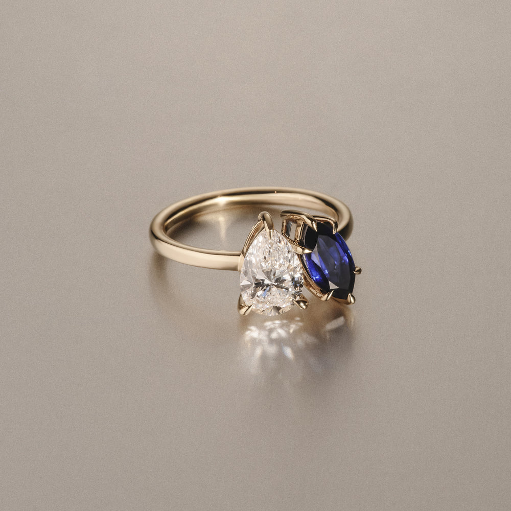 Toi Et Moi 1.50ct Pear Lab Diamond and 1.50ct Marquise Lab Sapphire Engagement Ring in 18K Yellow Gold