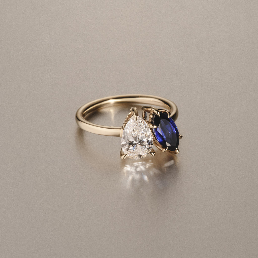 Toi Et Moi 1.50ct Pear Lab Diamond and 1.50ct Marquise Lab Sapphire Engagement Ring in 18K Yellow Gold