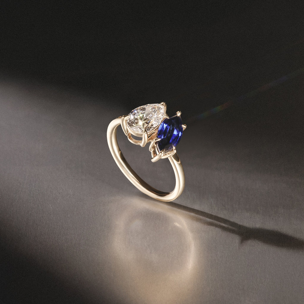 Toi Et Moi 1.50ct Pear Lab Diamond and 1.50ct Marquise Lab Sapphire Engagement Ring in 18K Yellow Gold