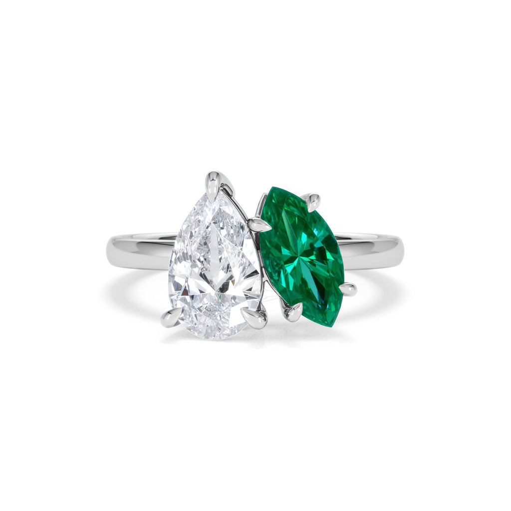 Toi Et Moi 1.50ct Pear Lab Diamond and 1.50ct Marquise Lab Emerald Engagement Ring in Platinum