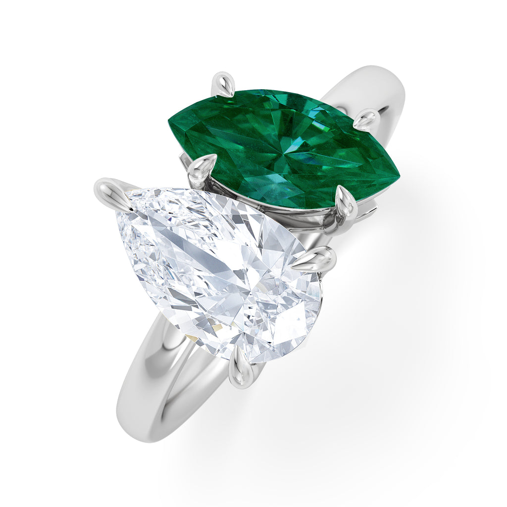 Toi Et Moi 1.50ct Pear Lab Diamond and 1.50ct Marquise Lab Emerald Engagement Ring in Platinum