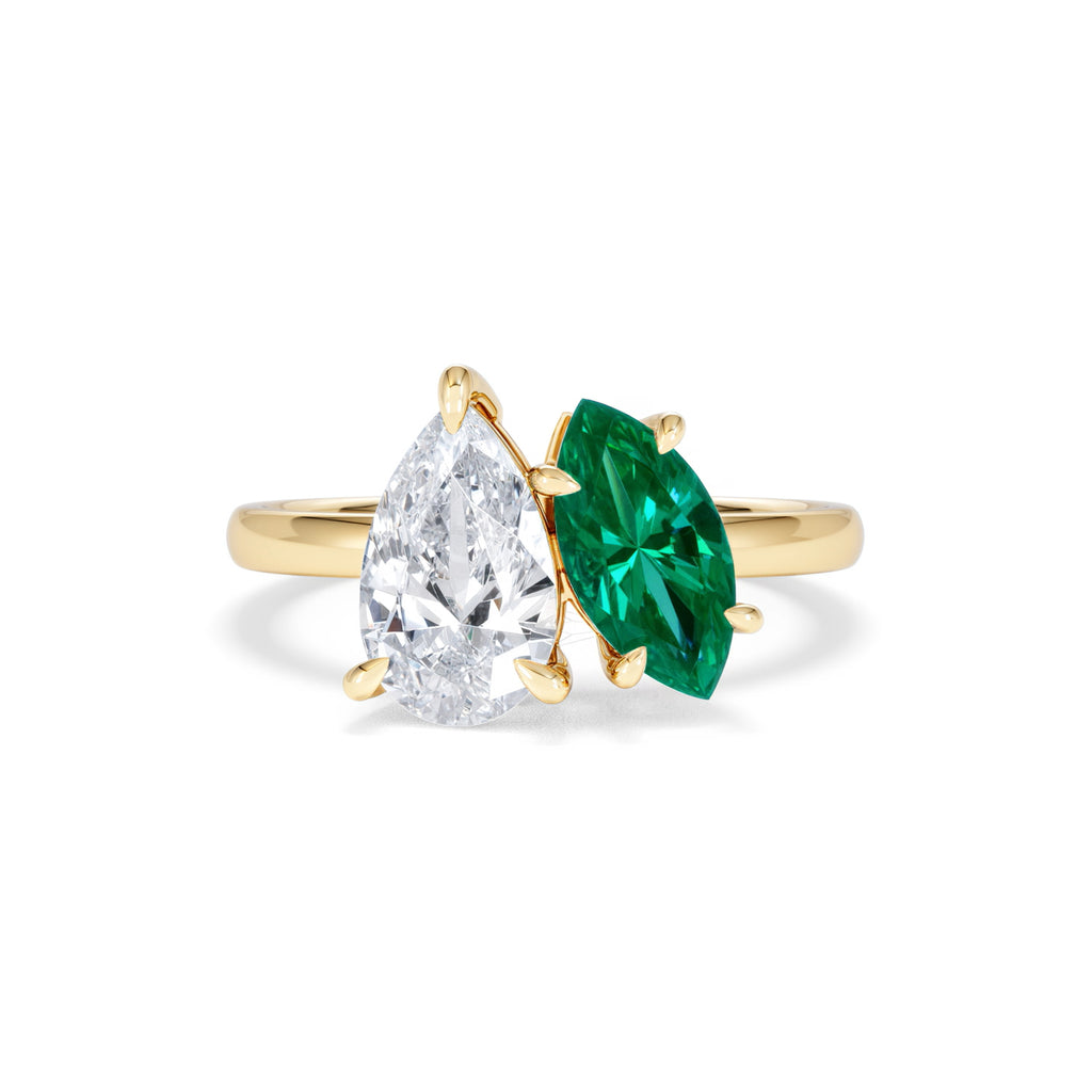 Toi Et Moi 1.50ct Pear Lab Diamond and 1.50ct Marquise Lab Emerald Engagement Ring in 18K Yellow Gold