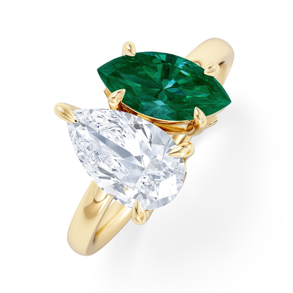 Toi Et Moi 1.50ct Pear Lab Diamond and 1.50ct Marquise Lab Emerald Engagement Ring in 18K Yellow Gold