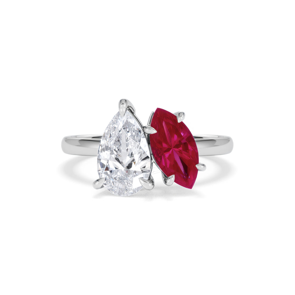 Toi Et Moi 1.50ct Pear Lab Diamond and 1.50ct Marquise Lab Ruby Engagement Ring in Platinum